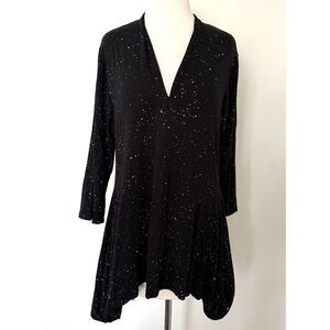 VTG Alembika Black Splatter Jersey V-Neck Handkerchief Hem Lagenlook Tunic 4 (L)